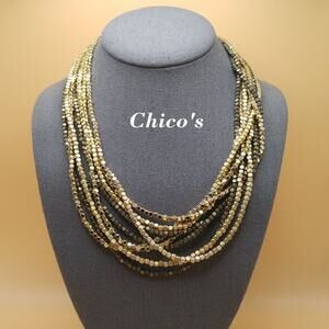 Chico’s Multistrand Metallic Gold Cube Bead Necklace Layered Statement